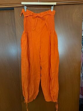 Belma New York - Smocked High-Waist Wide-Leg Orange Pants with Tie Details